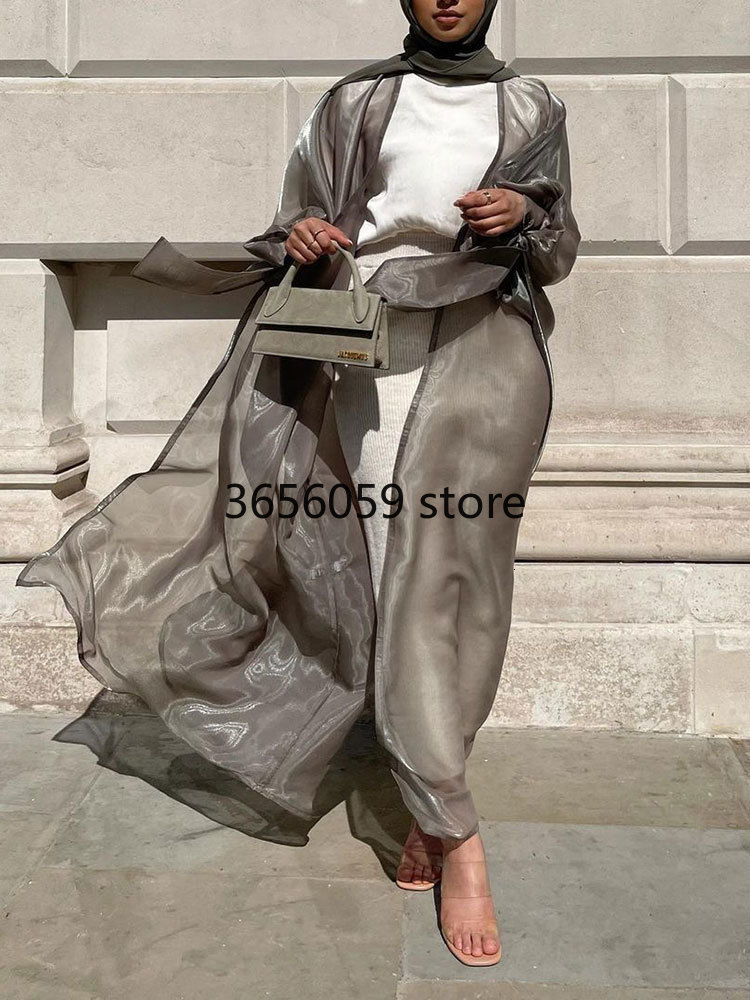 Open Abaya Kimono: Shimmering Ethnic Silky Balloon Sleeve Long Dress