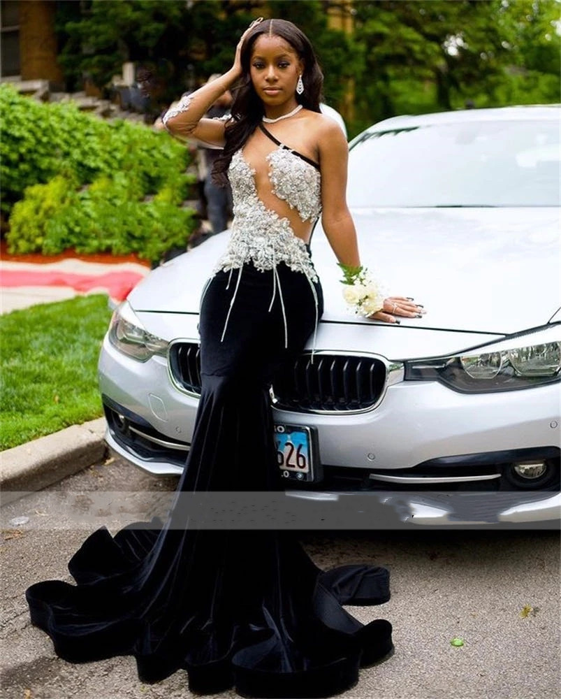 Mermaid Long Elegant Veet Prom Dress Sexy 2023 for Black Girls Beaded One Shoulder Appliques Formal Pary Gown