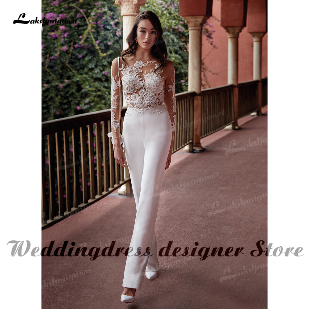 Party Dresses Modern Long Sleeve Jumpsuit Wedding Scoop Neck White Lace Appliques Boho Bridal with Detachable Train Robe Mariee 230221