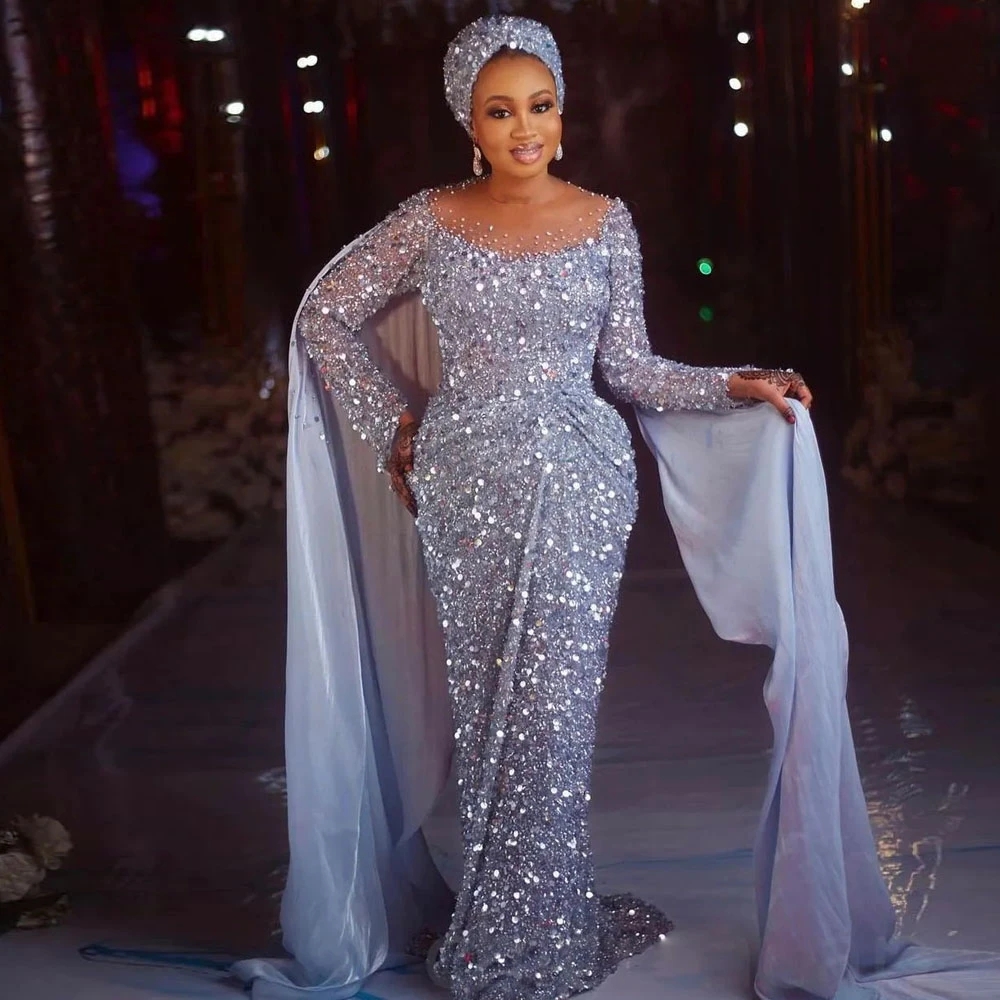 Sequined Brilliant Blue Evening Dresses with Cape Sheer Neck Full Sleeve Bead Birthday Party Gowns for Arabic Women 322