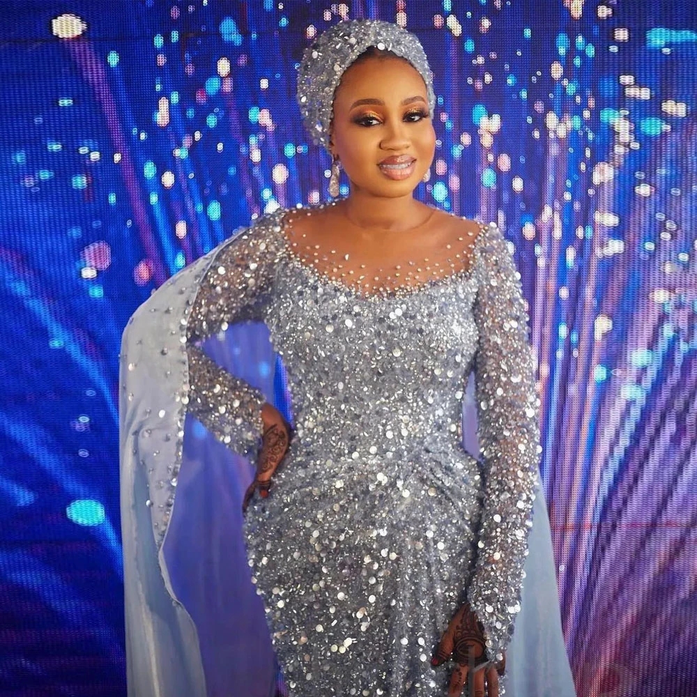 Sequined Brilliant Blue Evening Dresses with Cape Sheer Neck Full Sleeve Bead Birthday Party Gowns for Arabic Women 322