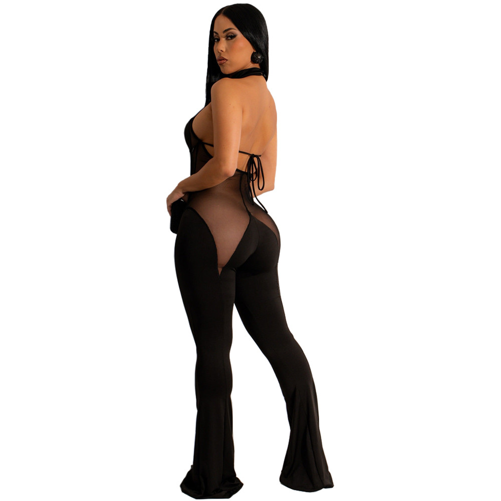 2023 Designer Mesh Patchwork Jumpsuits Women Spring Summer Clothes Sleeveless See through Rompers Sexy Bodycon Flare Pants Casual One Piece Outfits Wh
