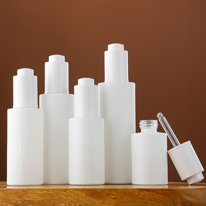 Flat Shoulder White Glass Bottles with Press Pipette Dropper for Essential Oils Serum Perfume Cosmetic Liquid 20ml 30ml 50ml 80ml 100ml 120ml