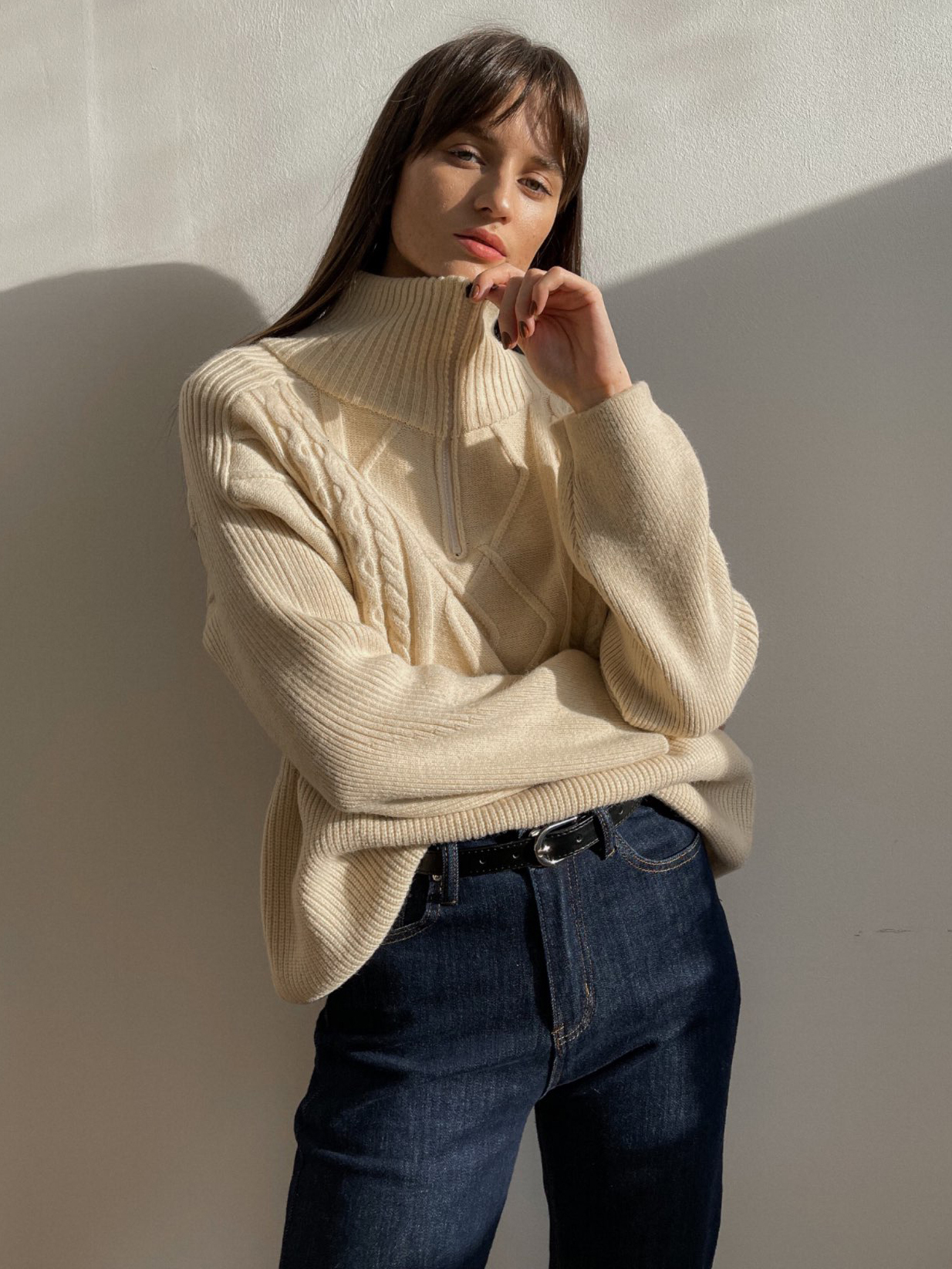 Women's Sweaters Women's Oversized Cable-knit Wool Sweater Thick Warm Knitted Pullover Solid Long Sleeve Turtleneck Zip Up Winter Coat C-148