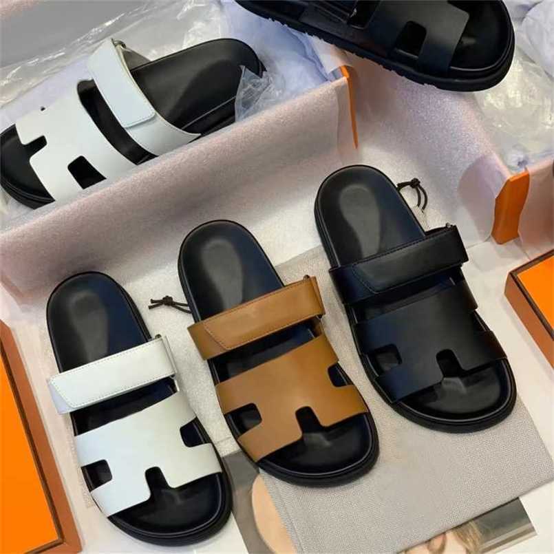 Designer Chypre H Slippers Beach Classic Flat Sandals Summer Lady Leather Flip Flops Men Women Size 35-44 With Box1A71
