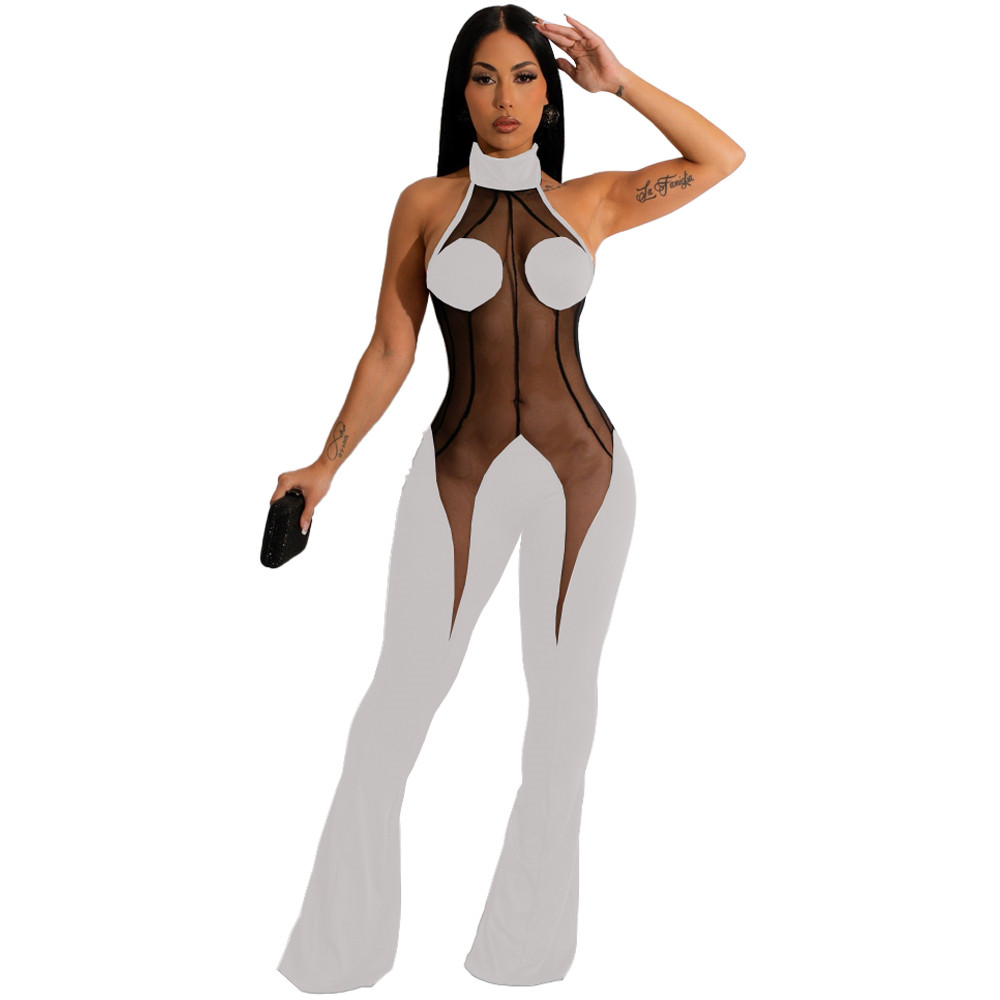 2023 Designer Mesh Patchwork Jumpsuits Women Spring Summer Clothes Sleeveless See through Rompers Sexy Bodycon Flare Pants Casual One Piece Outfits Wh