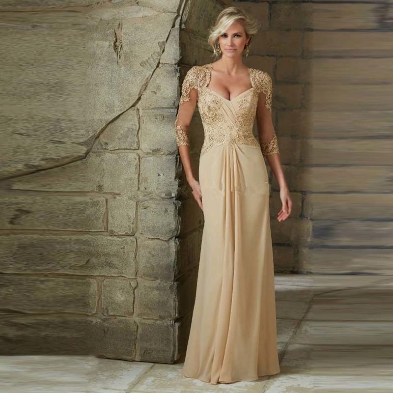 Casual Dresses Gorgeous Champagne Chiffon Lace Plunge Neckline Mother of the Bride With 34 Sleeves Wedding Party Gowns Back Out 230221
