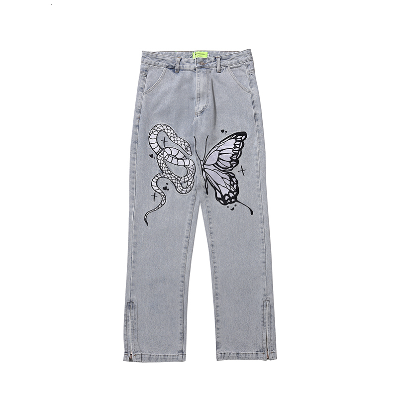 Men's Jeans High Street Butterfly and Snake Embroidery Straight Jeans Pants Men's Ankle Zipper Retro Pockets Loose Denim Trousers Hip Hop 23