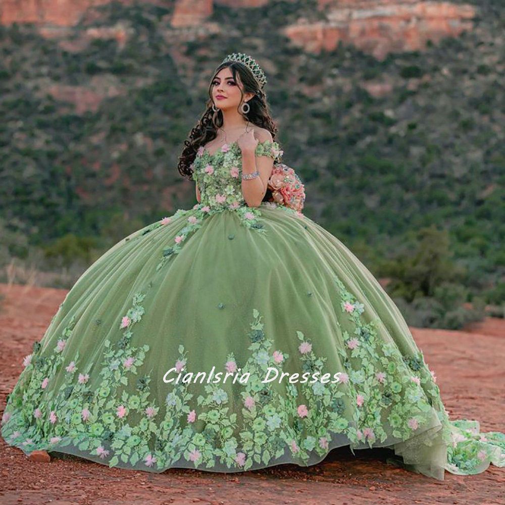Party Dresses Sage Green 3D Flowers Floral Appliques Lace Quinceanera Ball Gown Off The Shoulder Corset Vestidos De XV Anos 230221