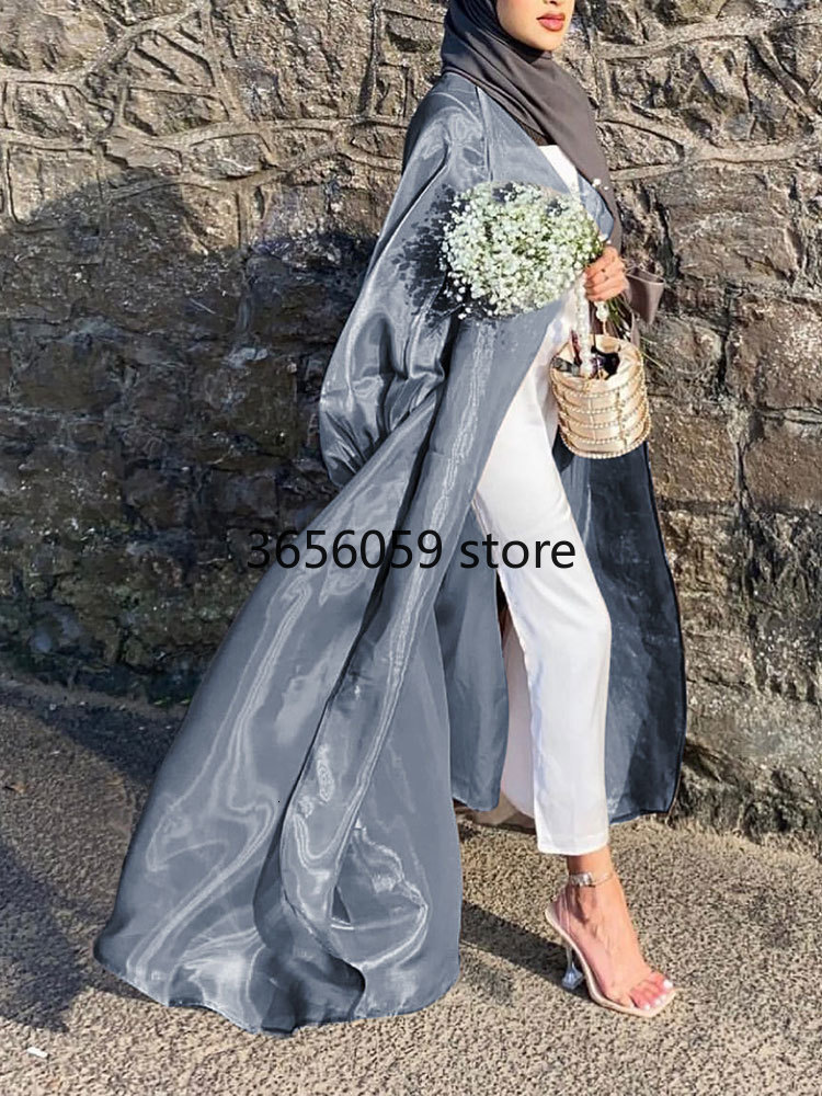 Open Abaya Kimono: Shimmering Ethnic Silky Balloon Sleeve Long Dress