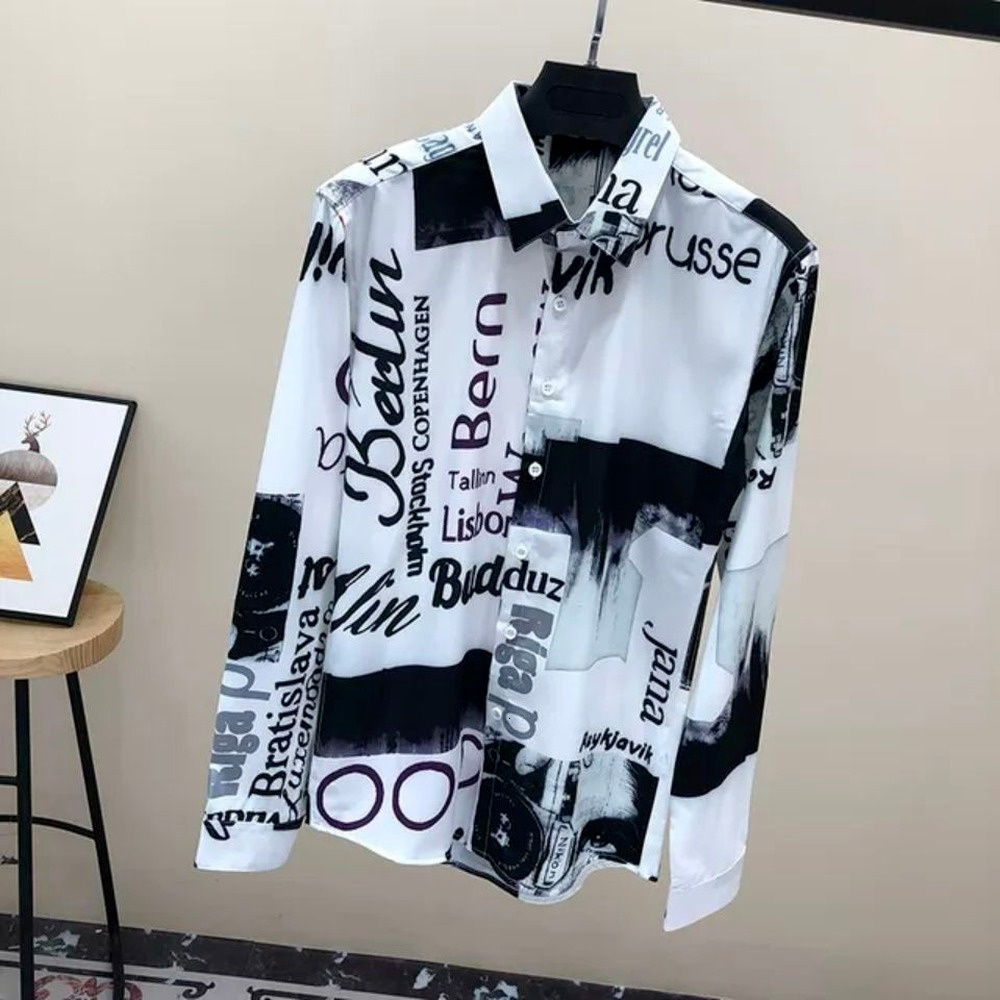 Men's Casual Shirts Floral Longsleeved Korean Style Slim Trendy Mens Fashion Clothing Trends Oversized Button Up 230221