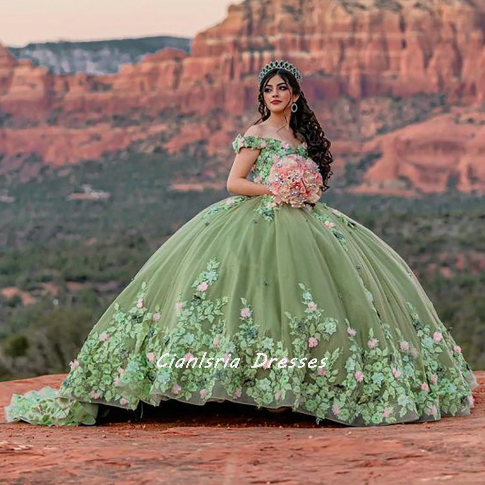 Party Dresses Sage Green 3D Flowers Floral Appliques Lace Quinceanera Ball Gown Off The Shoulder Corset Vestidos De XV Anos 230221