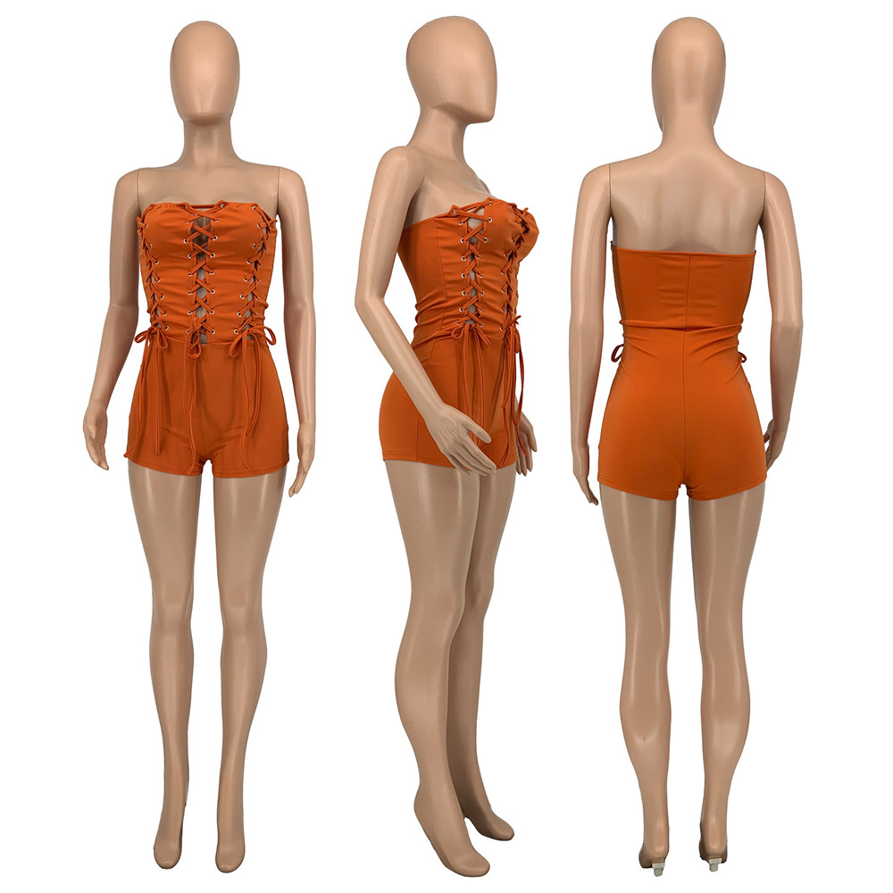 2023 Designer Sexy Strapless Rompers Women Clothes Summer Bandage Jumpsuits Casual Hollow Out Playsuits Fashion Solid Overalls Night Club Wear Wholesa