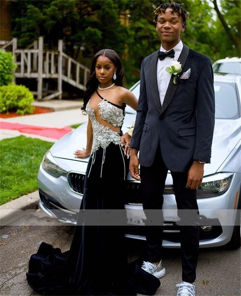 Mermaid Long Elegant Veet Prom Dress Sexy 2023 for Black Girls Beaded One Shoulder Appliques Formal Pary Gown