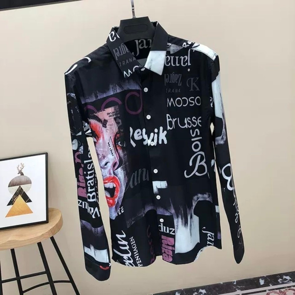 Men's Casual Shirts Floral Longsleeved Korean Style Slim Trendy Mens Fashion Clothing Trends Oversized Button Up 230221