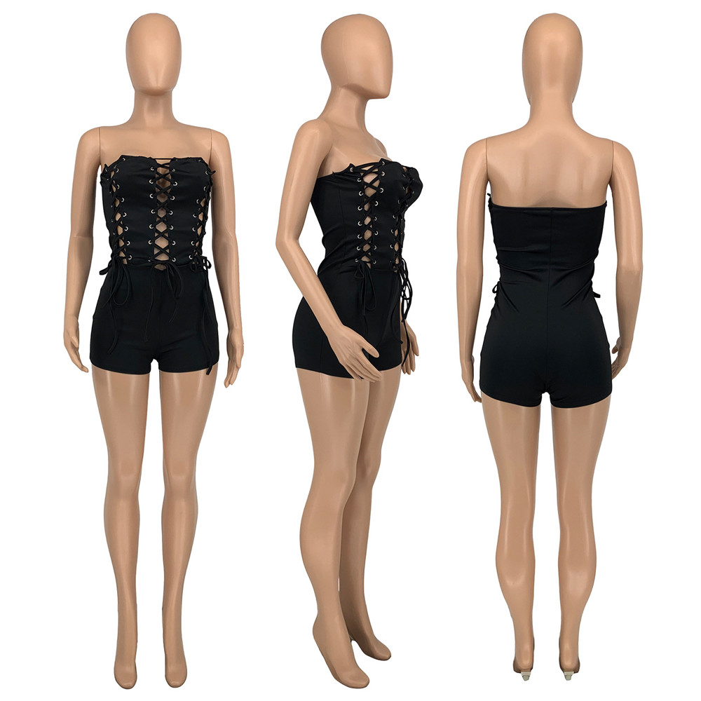 2023 Designer Sexy Strapless Rompers Women Clothes Summer Bandage Jumpsuits Casual Hollow Out Playsuits Fashion Solid Overalls Night Club Wear Wholesa