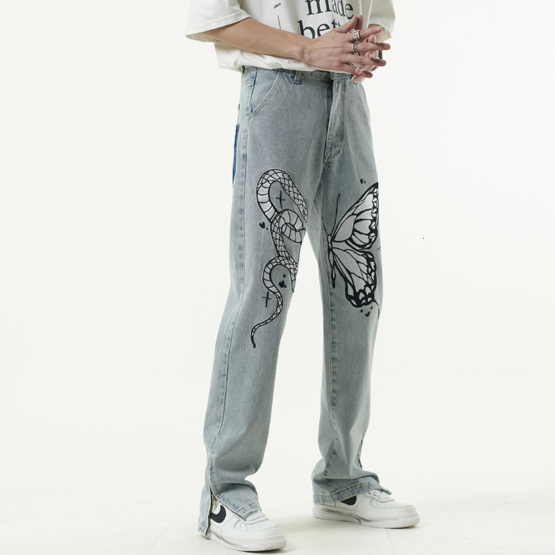 Men's Jeans High Street Butterfly and Snake Embroidery Straight Jeans Pants Men's Ankle Zipper Retro Pockets Loose Denim Trousers Hip Hop 23