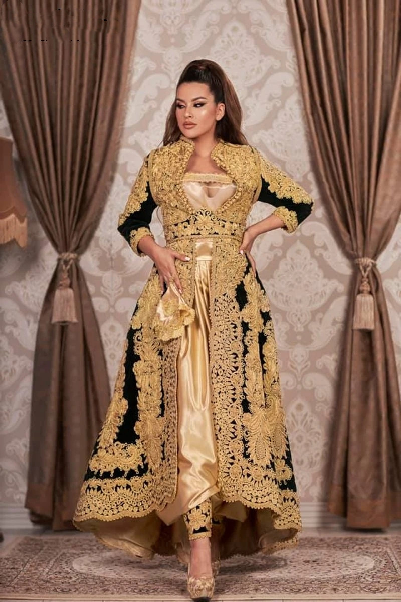 Traditional 2023 Kosovo Albanian Caftan Black Evening Dresses Long Sleeves Gold Applique Prom Dress Vestido De Novia