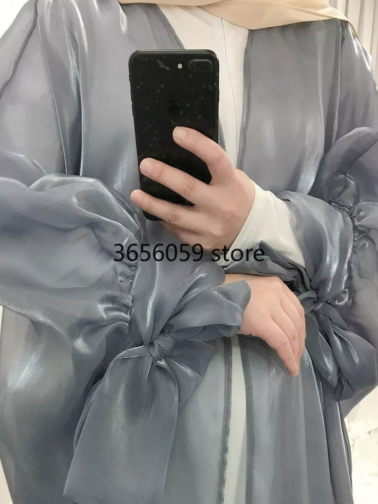 Open Abaya Kimono: Shimmering Ethnic Silky Balloon Sleeve Long Dress