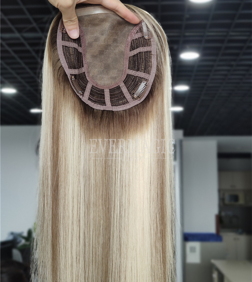 New Coming Stock Balayage Color Virgin Human Hair Toppers Mono With Open Weft Base for hairloss Women