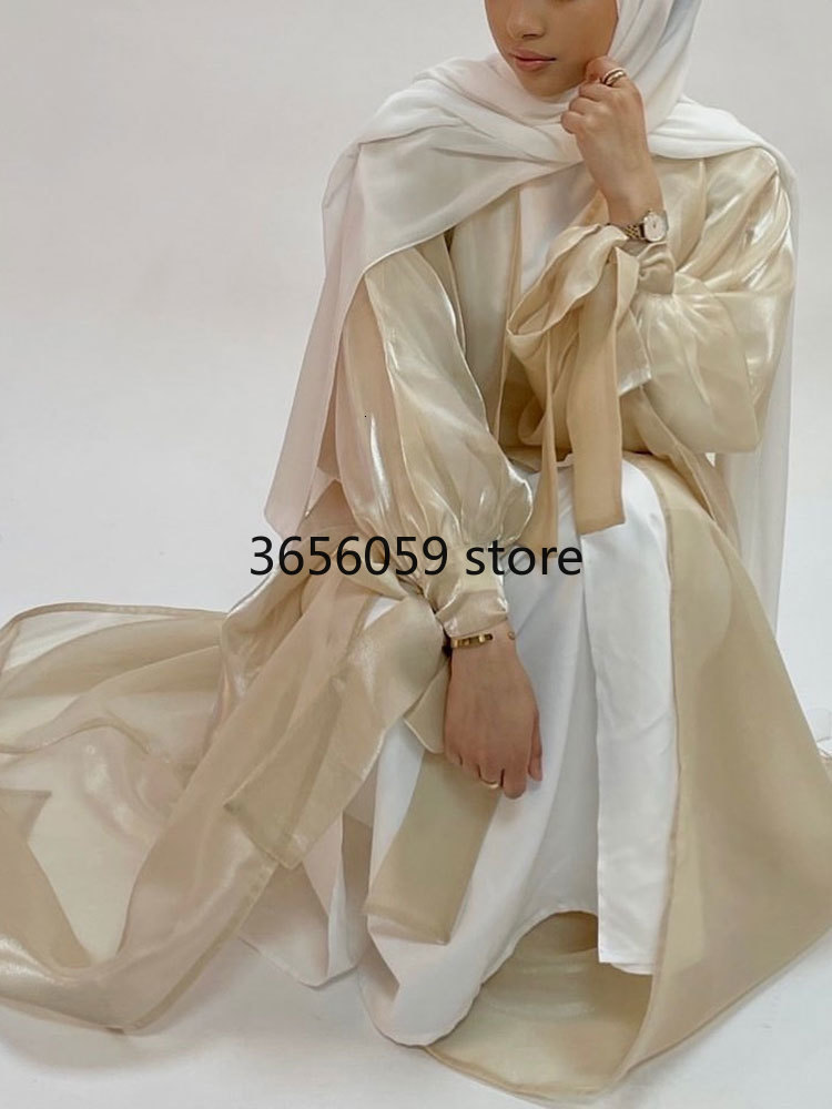 Open Abaya Kimono: Shimmering Ethnic Silky Balloon Sleeve Long Dress