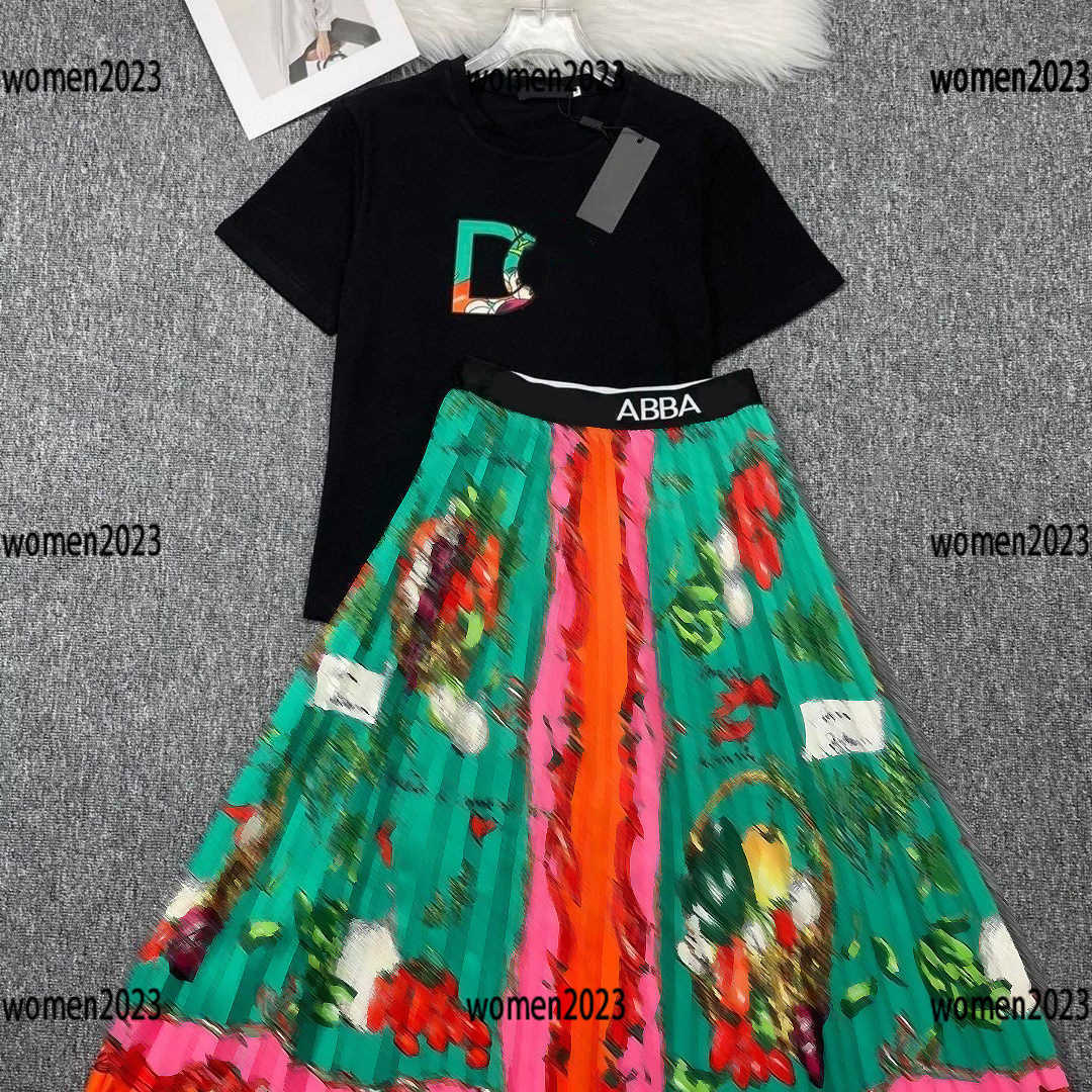 

women sets ladies 2 piece set dress Letter print T-shirt and floral vegetable print maxi dress Size M-XL summer elegant Feb, Multi