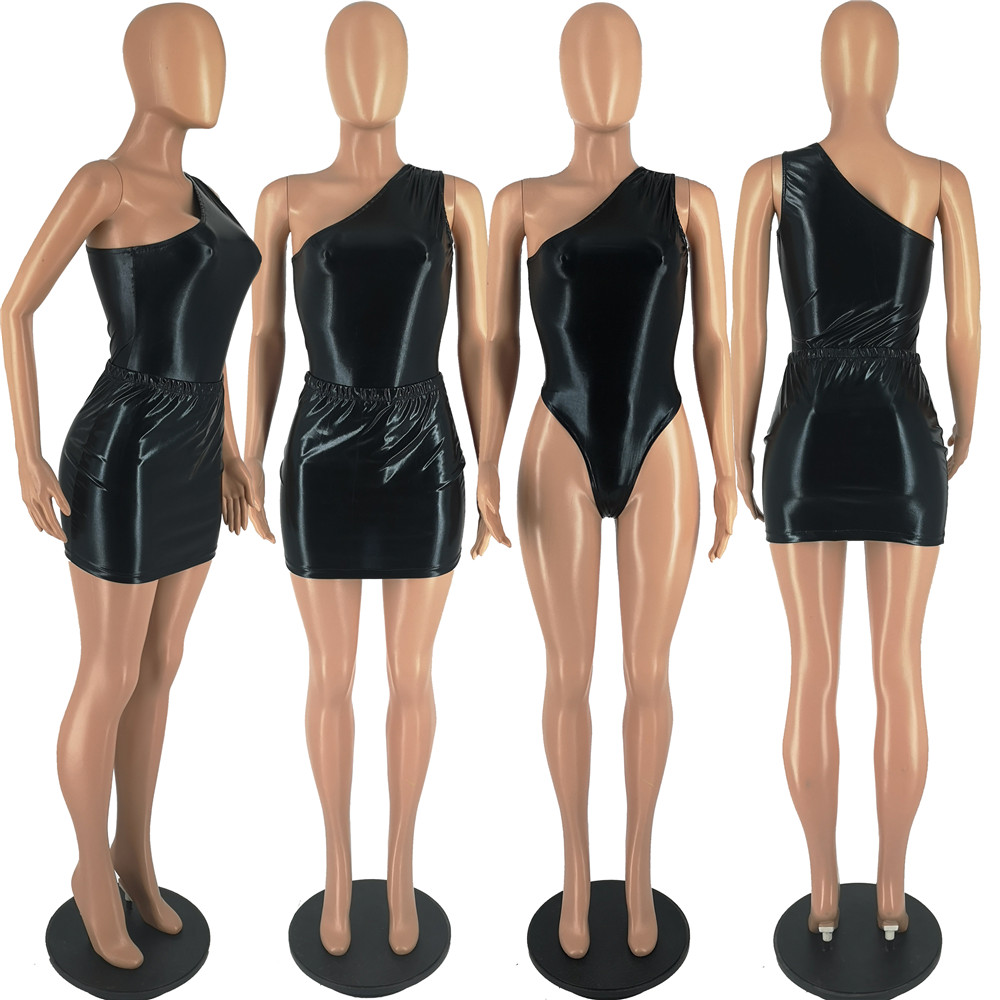 Designer Dress Sets Summer Clothes Women One Shoulder Bodysuits and Bodycon Skirt Two Piece Sets Bright Clothing Bulk Items Wholesale 9302