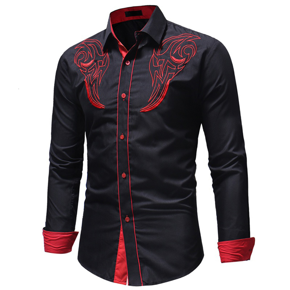 Men's Casual Shirts Mens Fashion Western Cowboy Embroidery Shirt Slim Fit Long Sleeve Button Down Dress 230221