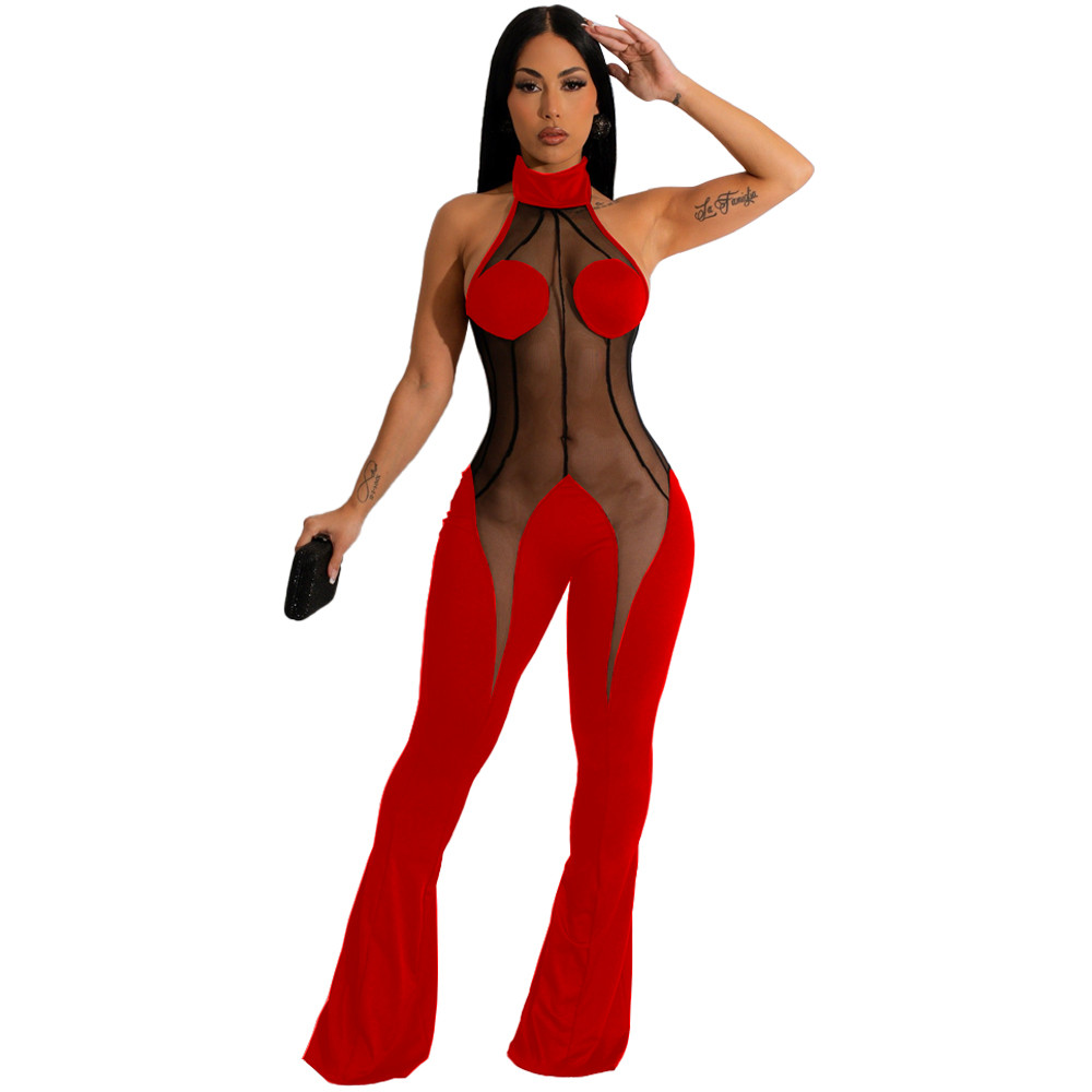2023 Designer Mesh Patchwork Jumpsuits Women Spring Summer Clothes Sleeveless See through Rompers Sexy Bodycon Flare Pants Casual One Piece Outfits Wh