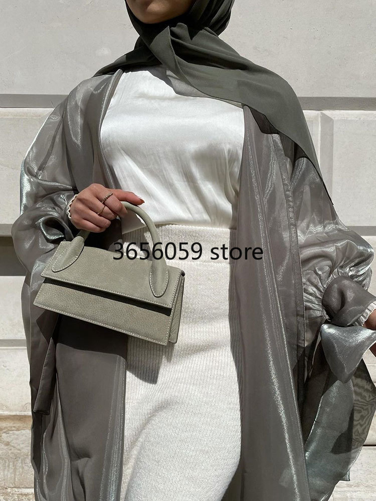 Open Abaya Kimono: Shimmering Ethnic Silky Balloon Sleeve Long Dress