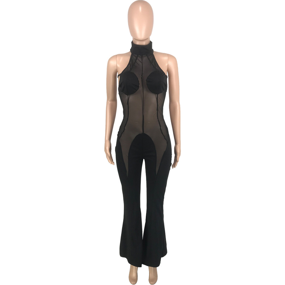 2023 Designer Mesh Patchwork Jumpsuits Women Spring Summer Clothes Sleeveless See through Rompers Sexy Bodycon Flare Pants Casual One Piece Outfits Wh