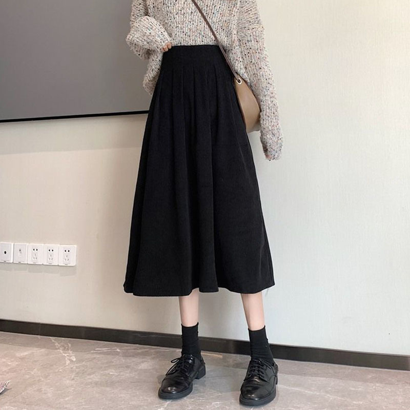 Casual Dresses Lucyever Women's Corduroy Midi Skirts Vintage Brown Black High Waist Long Skirts Female Autumn Korean Fashion A-Line Skirt 230222