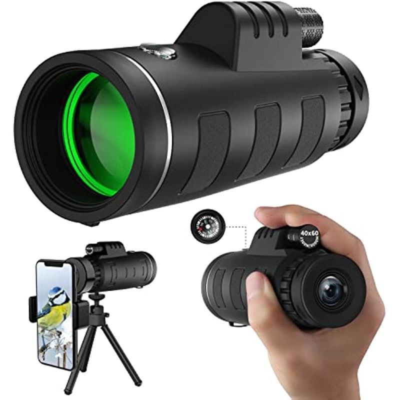 

40x60 High Definition Monocular Telescope with Smartphone Adapter, BAK4 Prism FMC Monocular with Clear Low Light Vision for Wildlife Hunting Camping Travelling
