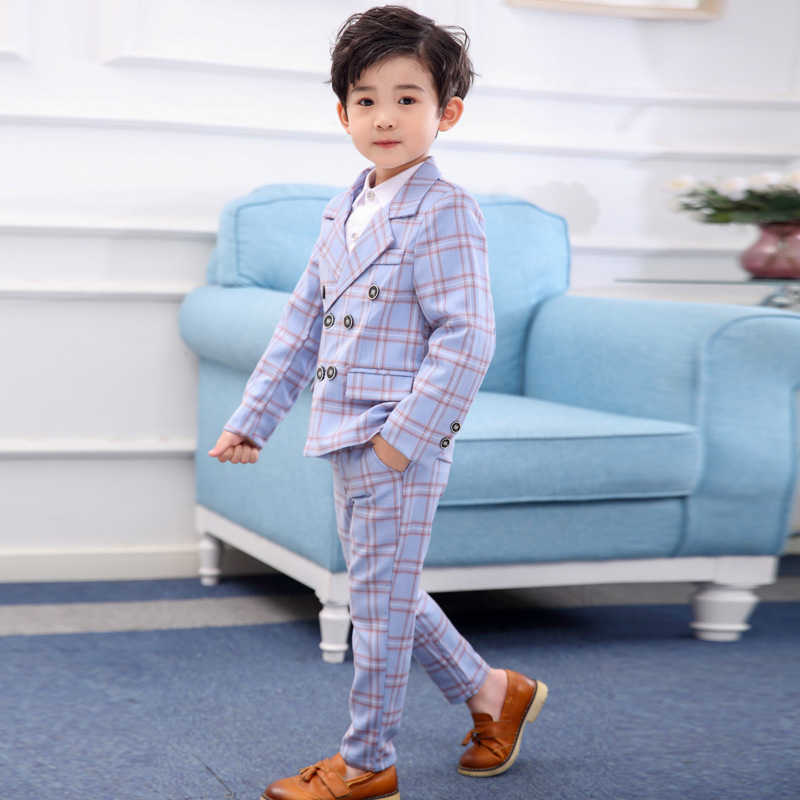 Clothing Sets Formal Children Plaid Dress Suit Sets Flower Boys Wedding Party Host Come Kids 2-breasted Blazer Pants 2pcs Clothes Sets W0222