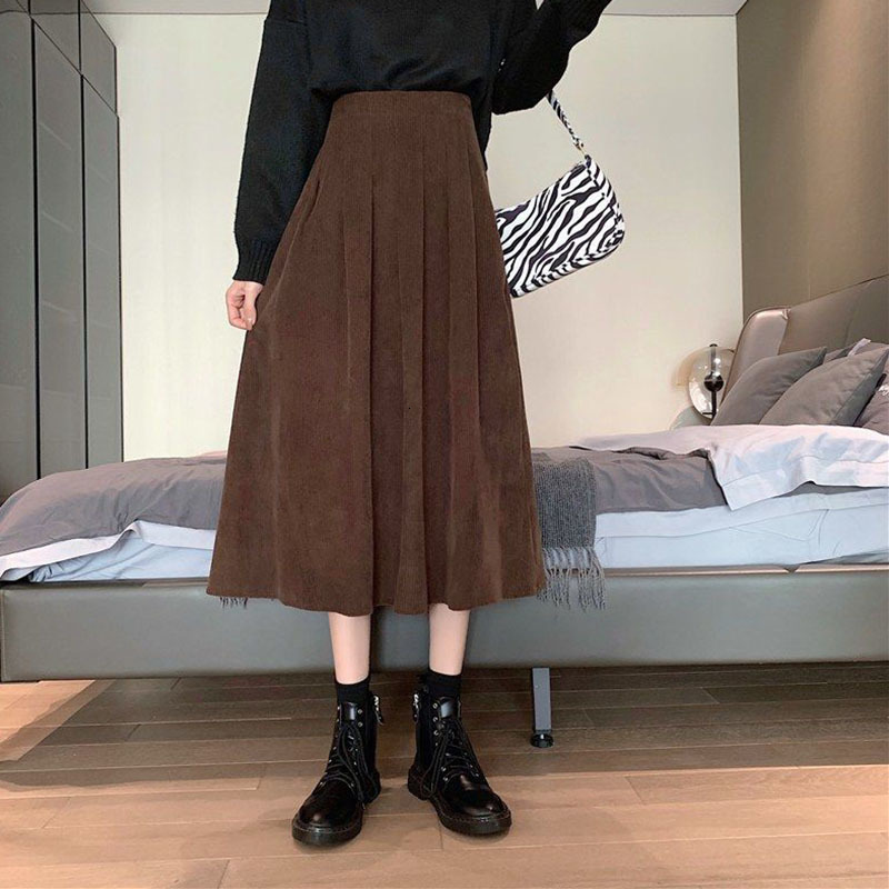 Casual Dresses Lucyever Women's Corduroy Midi Skirts Vintage Brown Black High Waist Long Skirts Female Autumn Korean Fashion A-Line Skirt 230222