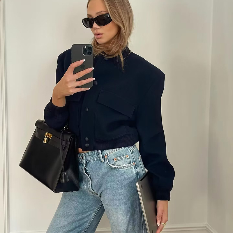 Womens Jackets Dark Blue Cropped Women Long Sleeves Big Pockets Chic Lady High Street Casual Coats Top Female 230222