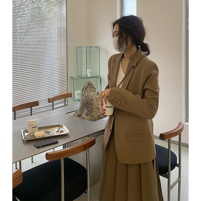 Two Piece Dress Women Spring Autumn Retro 2 Sets Female Solid Color Blazer Jackets High Waist Pleated Skirts Ladies Suits D240 230222