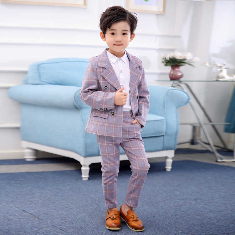 Clothing Sets Formal Children Plaid Dress Suit Sets Flower Boys Wedding Party Host Come Kids 2-breasted Blazer Pants 2pcs Clothes Sets W0222