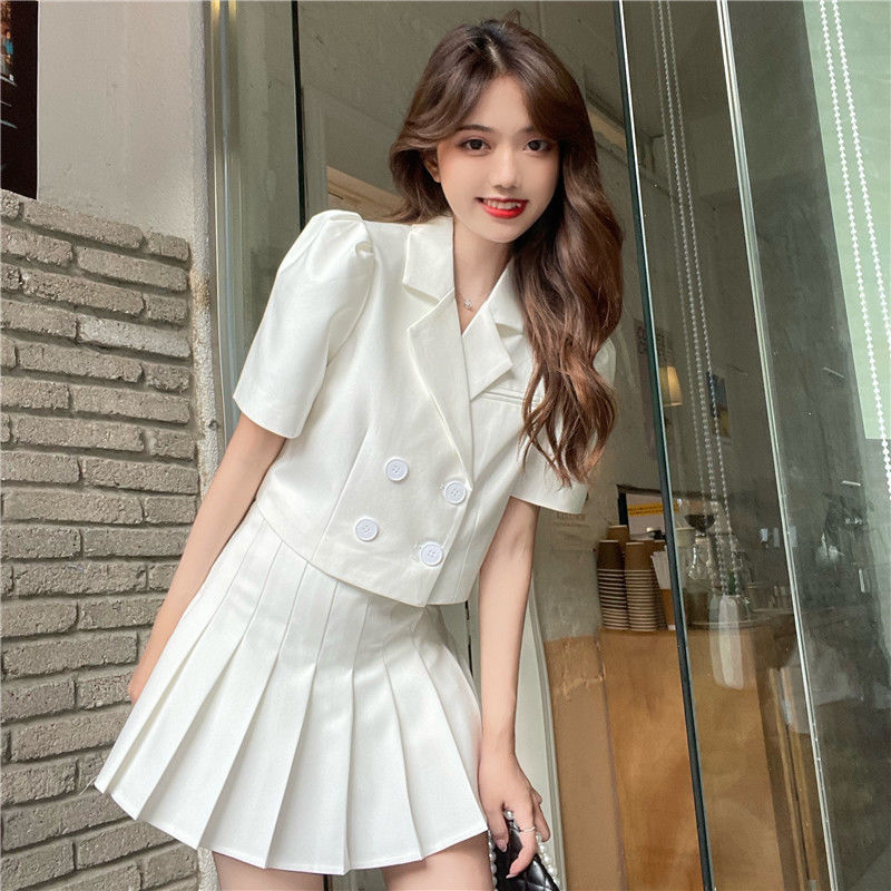 Two Piece Dress Summer Above Knee Mini Ages 1835 Years Old Ruched Skirt Suit Blazer and Set Ladies 2 230222