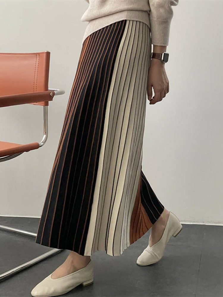 Casual Dresses Autumn Winter Knitting Skirt High Waist Long Pencil Skirt Women Knitted Casual Vintage Maxi Skirt Vintage Warm Thick Midi Stripe 230222