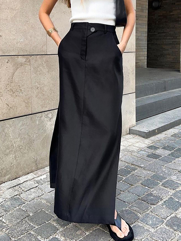 Casual Dresses Taruxy Black Skirt Women Autumn Streetwear High Waisted Pencil Long Skirts Dress Femme Casual Split Vintage Silk Skirt 230222