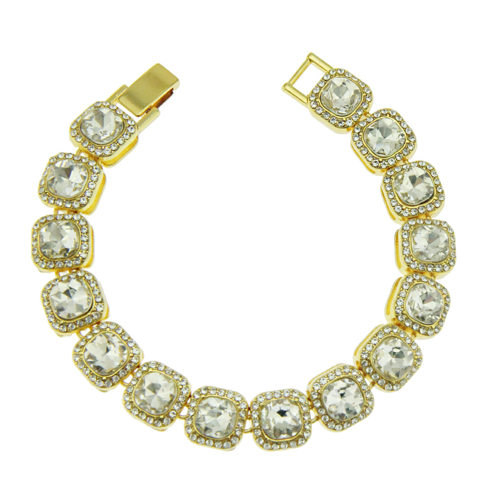 Hip Hop Cuban Link Chain Square Necklace Bracelet Set Heavy 18K Real Gold Plated zircon Metal Necklace for Men
