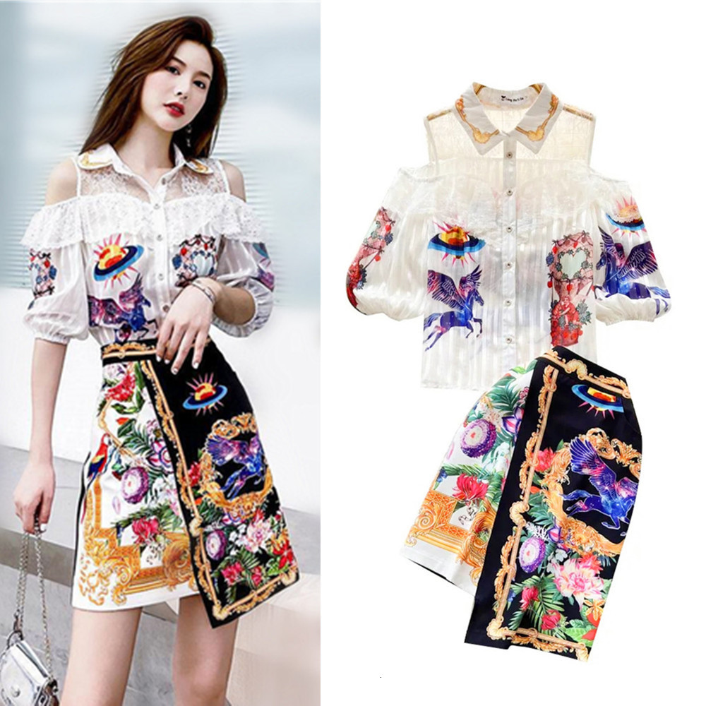 Two Piece Dress Women Spring Summer Ruffles Lace Shirts Half Sleeve Patchwork And Vintage Print Skirts Suit Party Clothing Sets NS644 230222