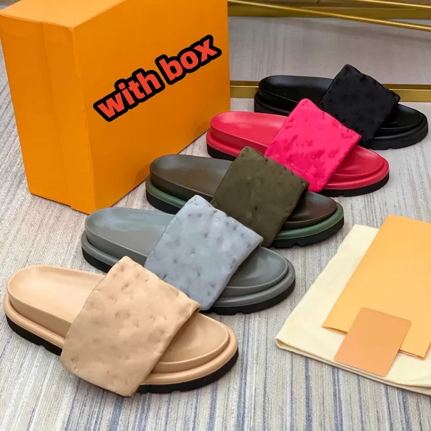 Designers Pool Pillow Mules Women Sandals Sunset Flat Comfort Dhgate Mules Padded Front Strap Slippers Fashionable Easy-to-wear Style Slides With Box