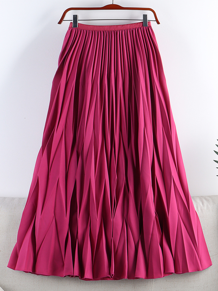 Casual Dresses TIGENA Fashion Rhombus Pleated Long Skirt Women Casual Solid All-match A Line High Waist Midi Skirt Female Ladies Black 230222