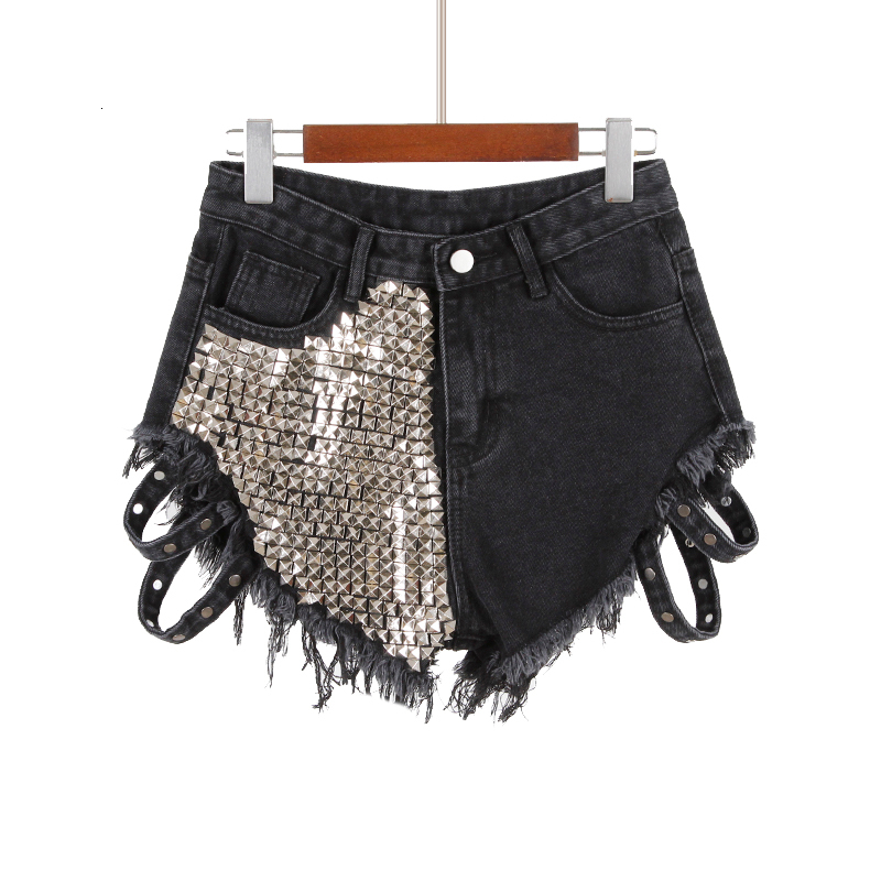 Women's Shorts Sexy Rivet Denim hollow out Summer Spring High Waist Jeans wide leg women shorts KZ77 230222