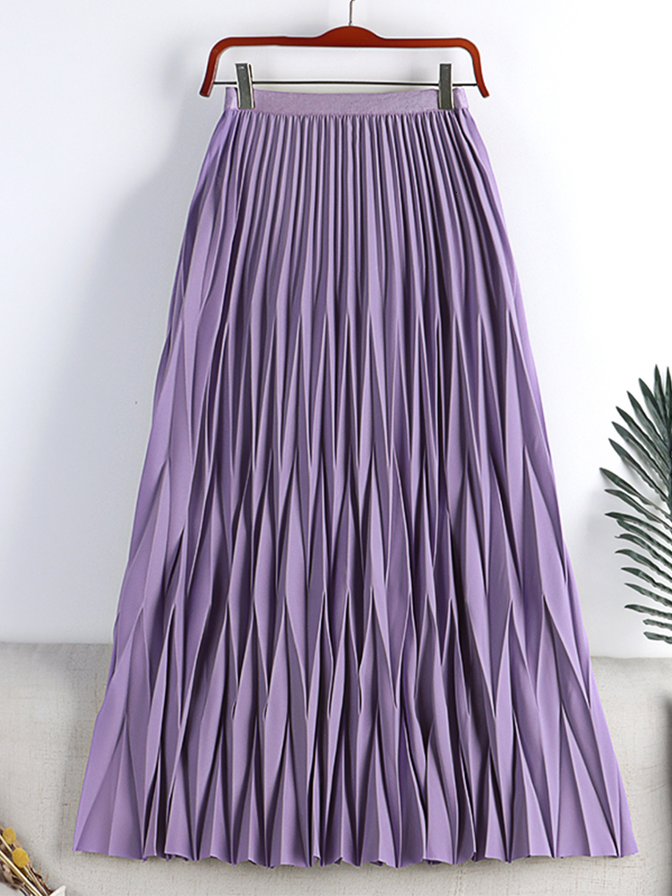 Casual Dresses TIGENA Fashion Rhombus Pleated Long Skirt Women Casual Solid All-match A Line High Waist Midi Skirt Female Ladies Black 230222