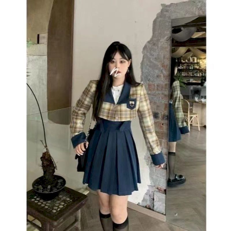 Two Piece Dress Fashion Blazer Skirt Set Women College Style Autumn Slim Plaid Suit Jacket High Waist Pleated Sling Skirts 2 Sets Woman 230222