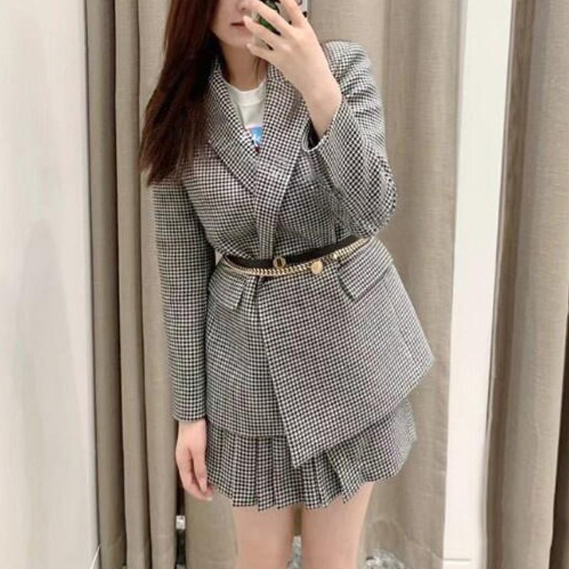 Two Piece Dress Wool Thousand Bird Grid Suit Coat for Women 2023 France Double Breasted Long Sleeve Pleated Skirt Free Freight 230222