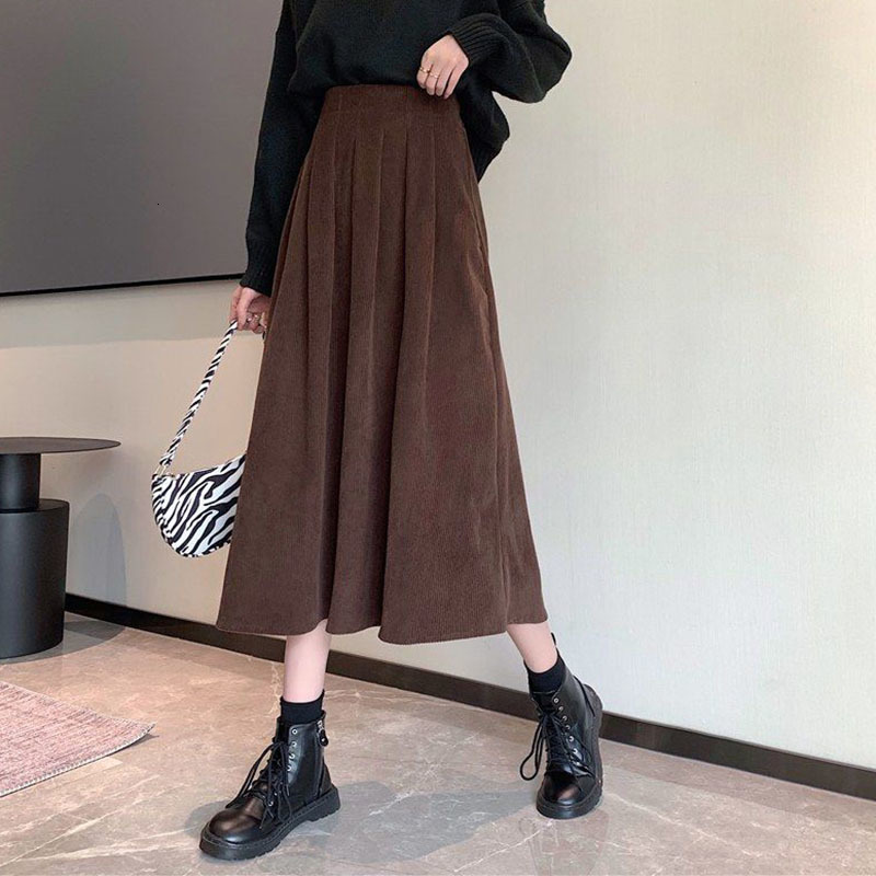Casual Dresses Lucyever Women's Corduroy Midi Skirts Vintage Brown Black High Waist Long Skirts Female Autumn Korean Fashion A-Line Skirt 230222
